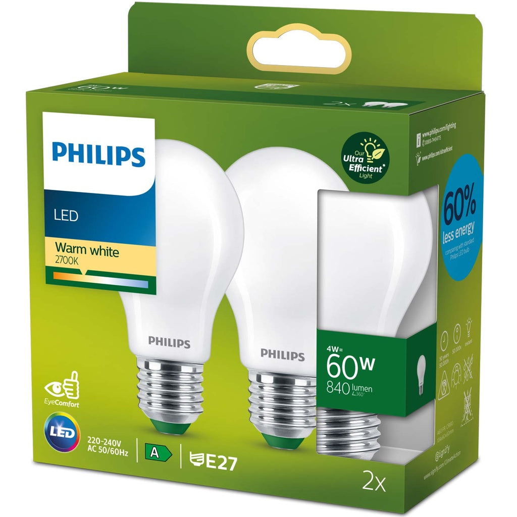 2-pack LED E27 Normal 4W (60W) Frostad 840lm 2700K Energiklass A Philips