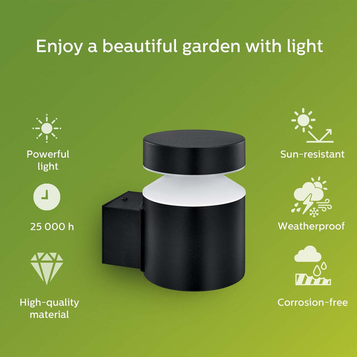 Laven LED-vägglampa Upp Rostfritt stål Svart IP44 Varmit 6W 600lm Philips