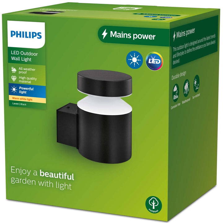 Laven LED-vägglampa Upp Rostfritt stål Svart IP44 Varmit 6W 600lm Philips