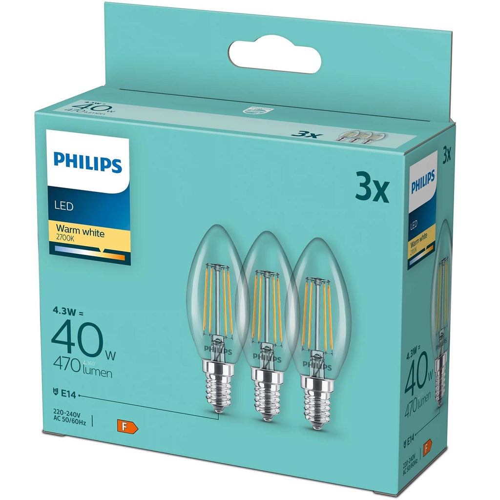 3-pack LED E14 Kron 4,3W (40W) Klar 470lm Philips