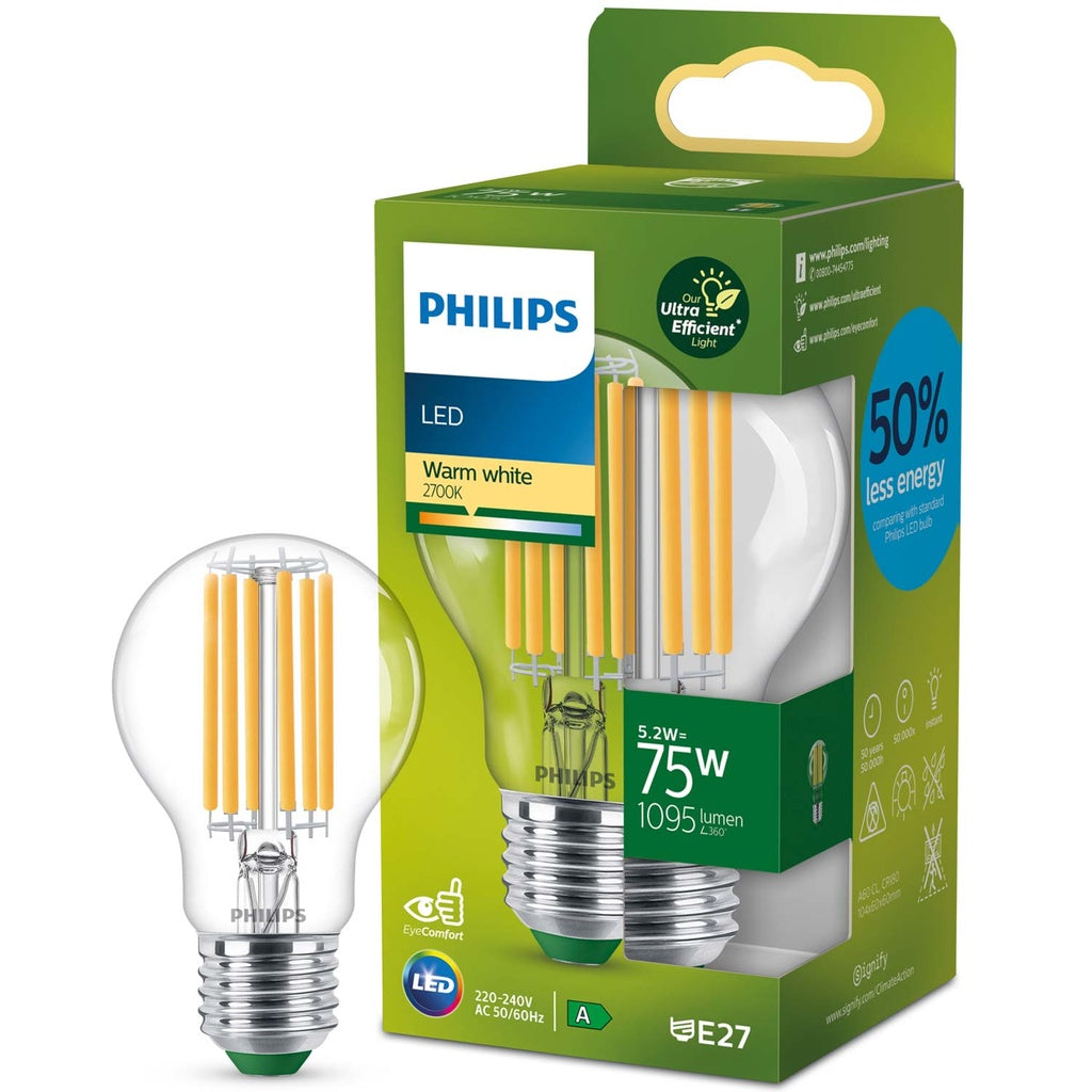 LED E27 Normal 5,2W (75W) Klar 1095lm 2700K Energiklass A Philips