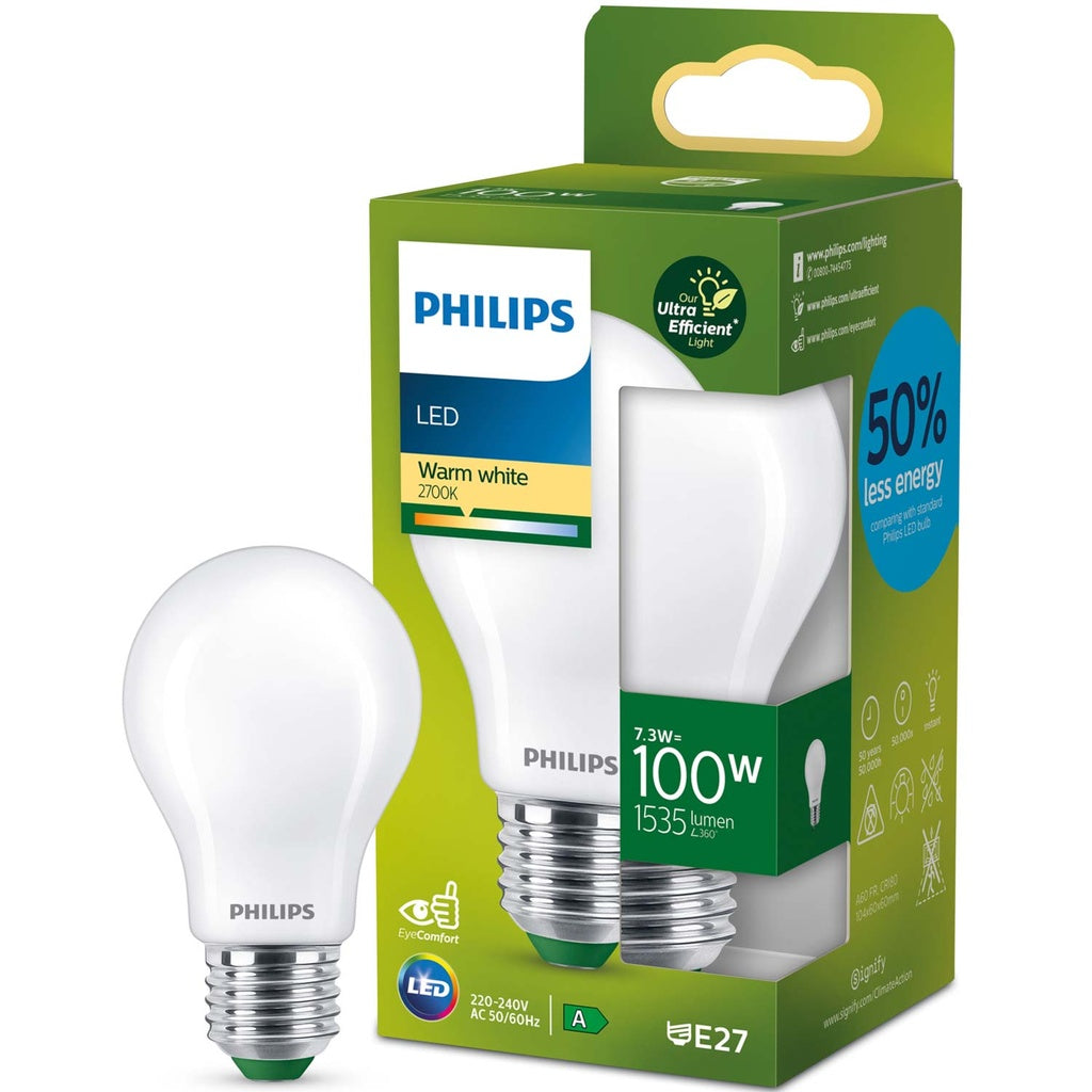 LED E27 Normal 7,3W (100W) Frostad 1535lm 2700K Energiklass A Philips