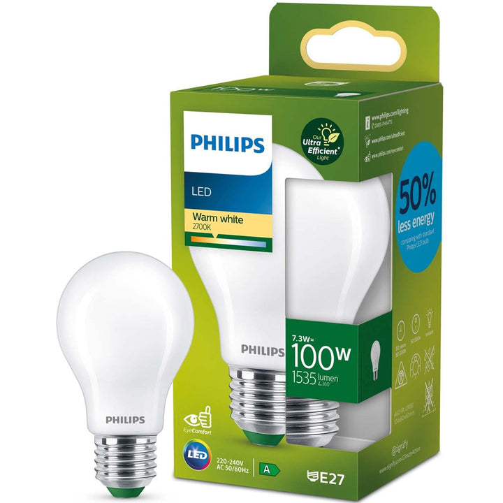 LED E27 Normal 7,3W (100W) Frostad 1535lm 2700K Energiklass A Philips