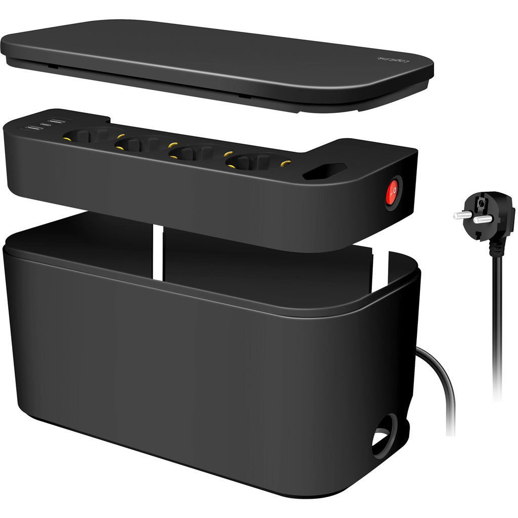 Cable box - Kabelgömma med grenuttag + USB-A/USB-C-laddning Svart LogiLink