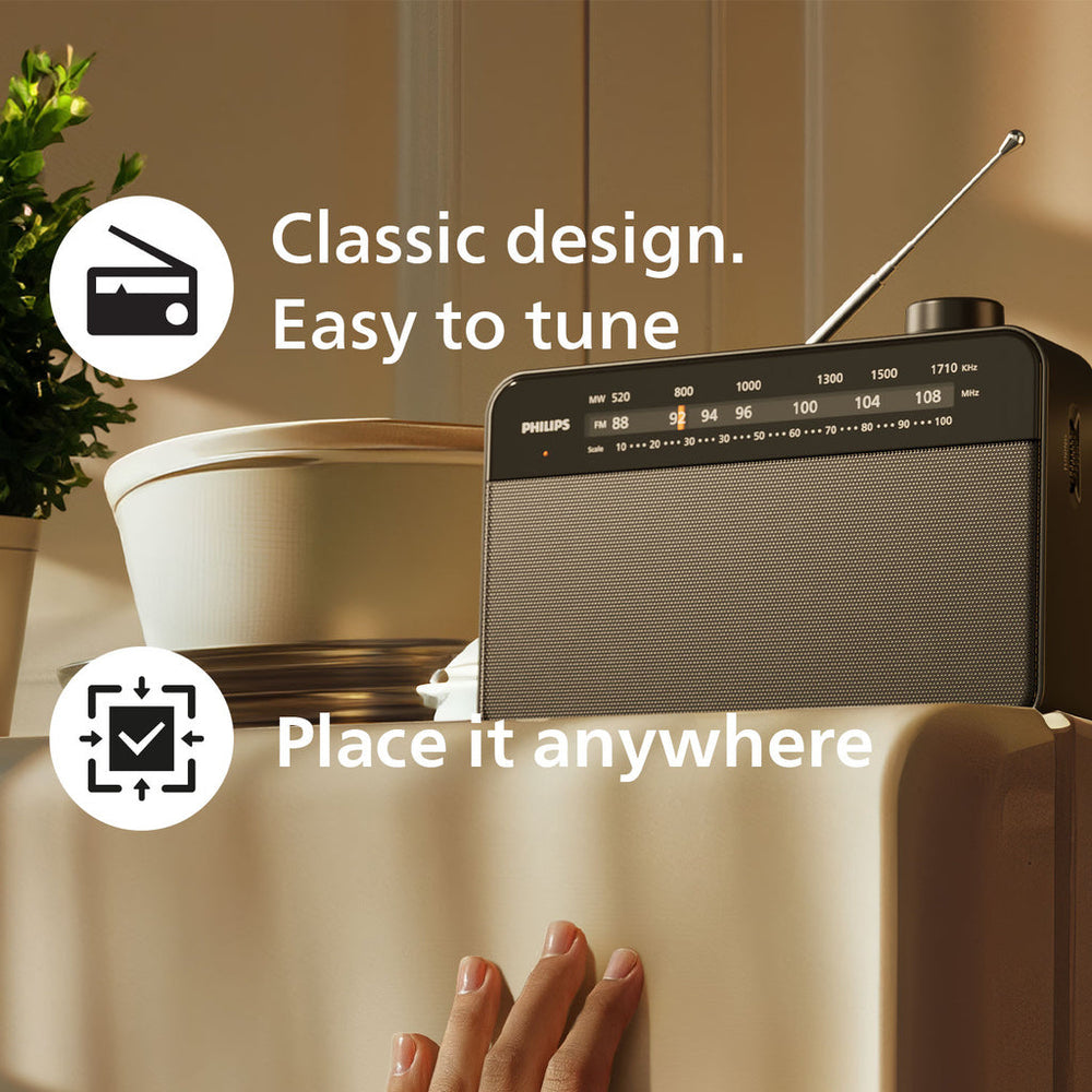 Bärbar analog FM/MW-radio TAR2509. Nät- eller batteridriven. Philips