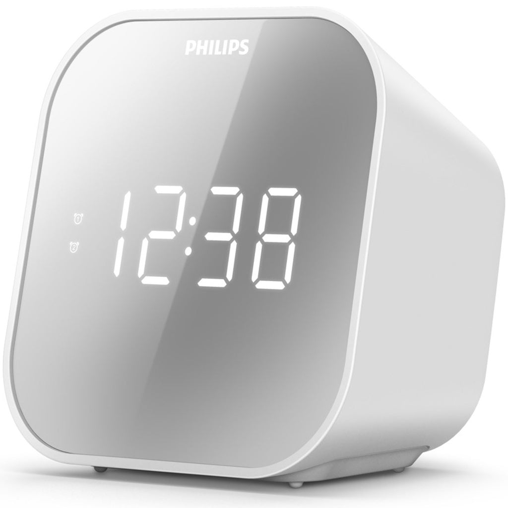 Klockradio med spegel-finish-front. Digital FM-mottagare. USB-utgång för mobil-laddning Philips