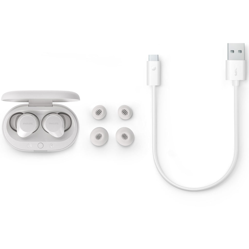 TAT1209WT True Wireless-hörlurar. Små och bekväma. 6+18 tim speltid. IPX4-klass. Vita. Philips