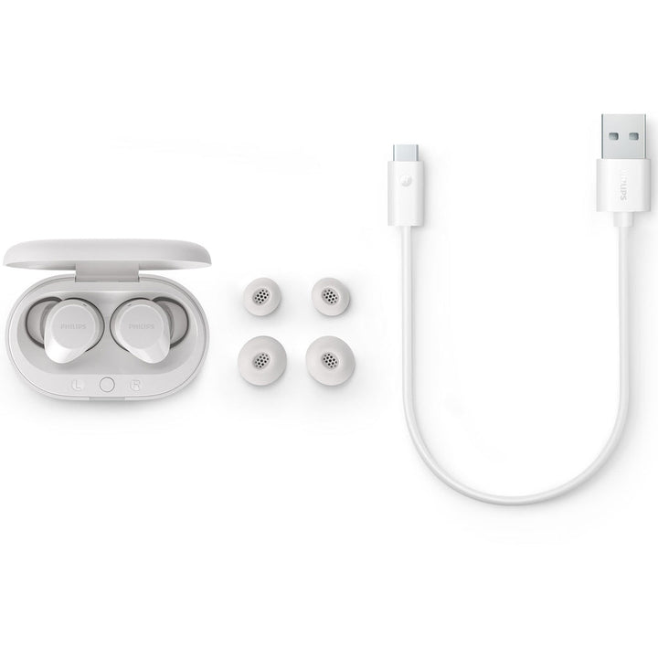 TAT1209WT True Wireless-hörlurar. Små och bekväma. 6+18 tim speltid. IPX4-klass. Vita. Philips
