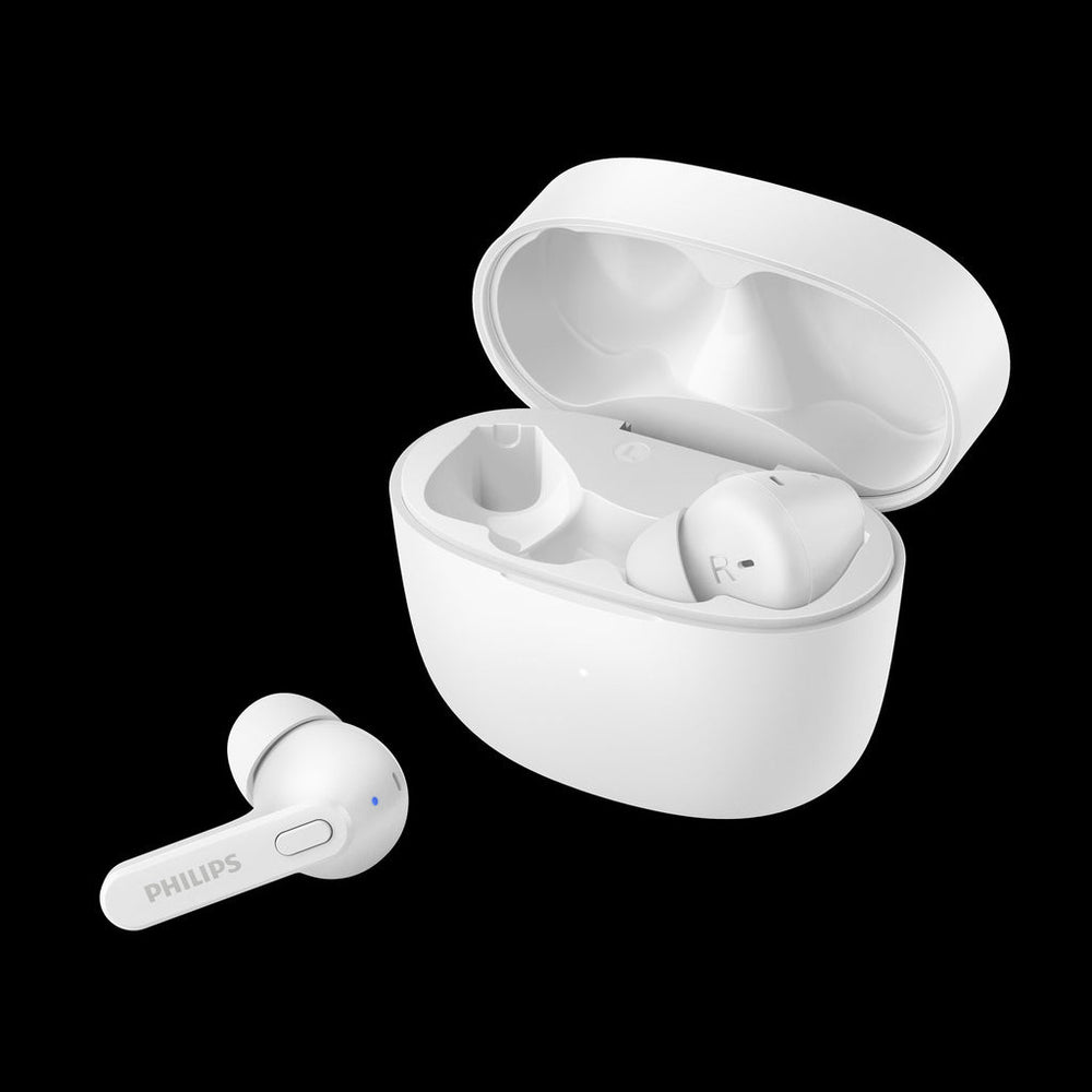 TAT2206WT True Wireless-hörlurar, IPX4-klass (stänk och svettåliga) 6+18 timmars speltid. Vita. Philips