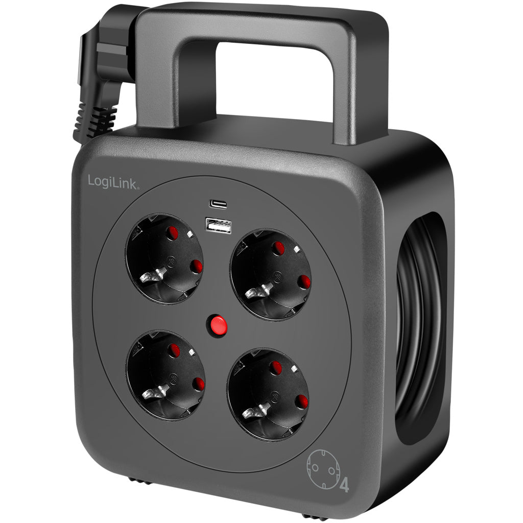 Kabelvinda 5 meter 4 jordade uttag + USB-A/USB-C 20W IP20 LogiLink