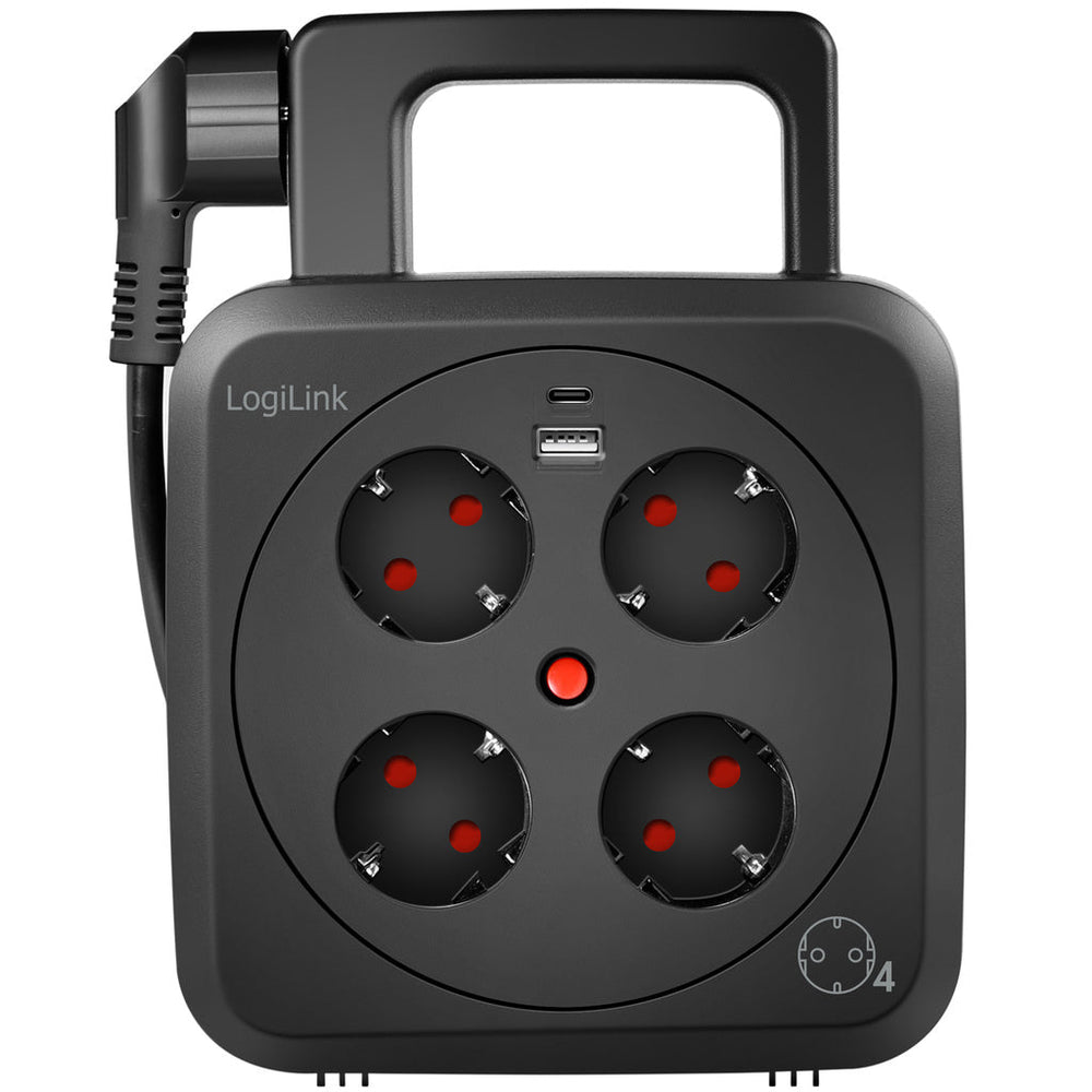 Kabelvinda 5 meter 4 jordade uttag + USB-A/USB-C 20W IP20 LogiLink