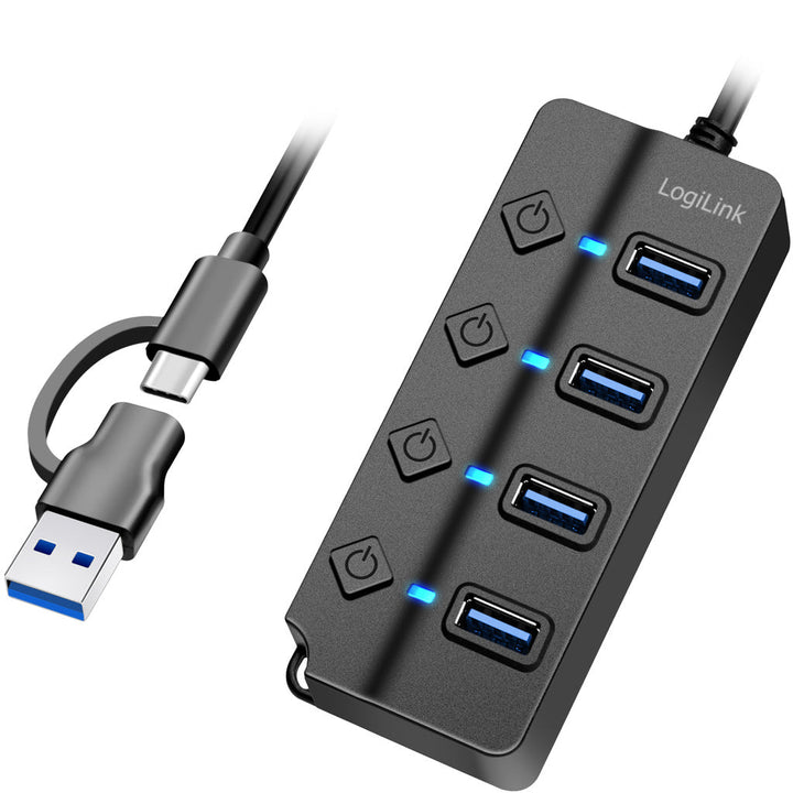 USB-hub 4-port med separata På/Av-knappar USB-C/USB-A in USB 3.2 Gen1 LogiLink