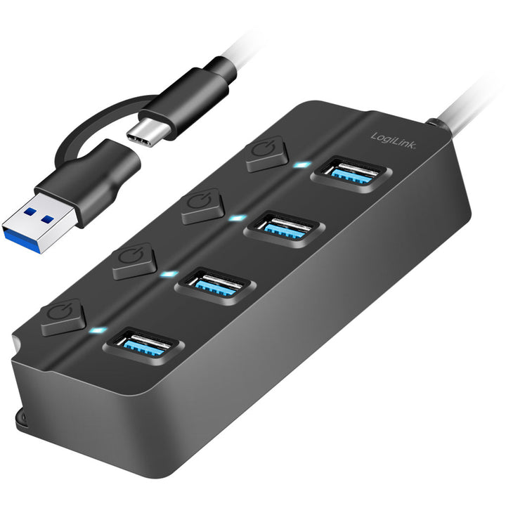 USB-hub 4-port med separata På/Av-knappar USB-C/USB-A in USB 3.2 Gen1 LogiLink