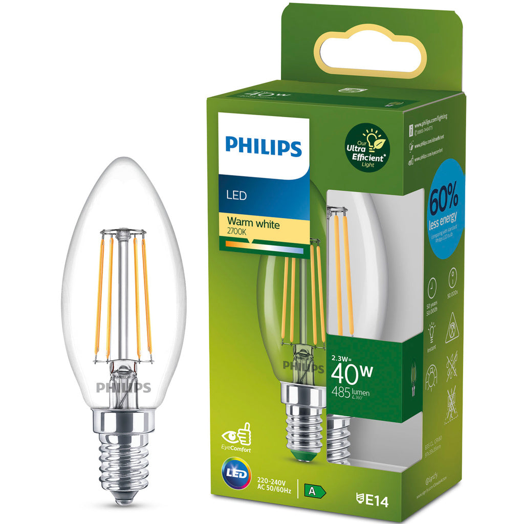 LED E14 Kron B35 2,3W (40W) Klar 485lm 2700K Energiklass A Philips