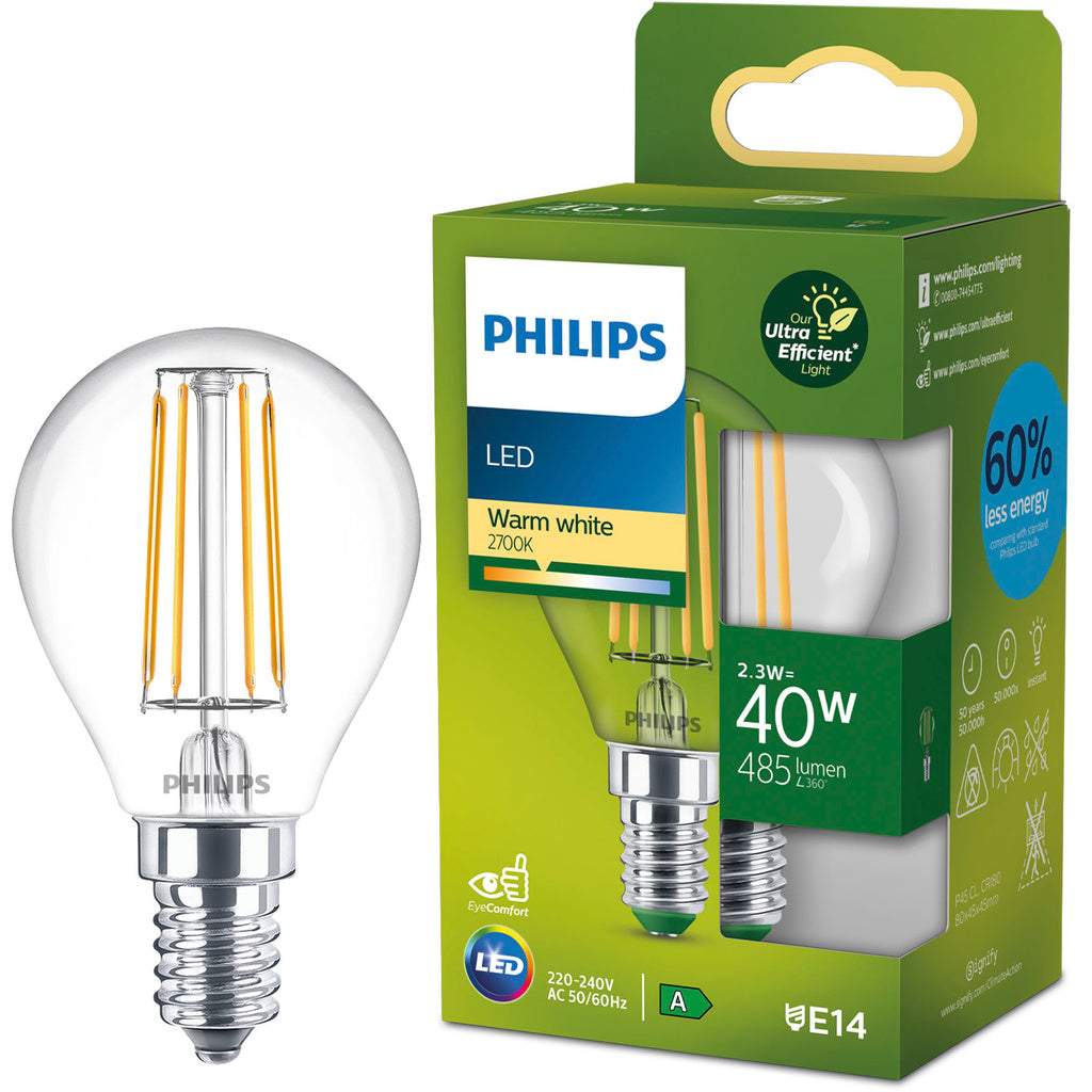 LED E14 Klot P45 2,3W (40W) Klar 485lm 2700K Energiklass A Philips