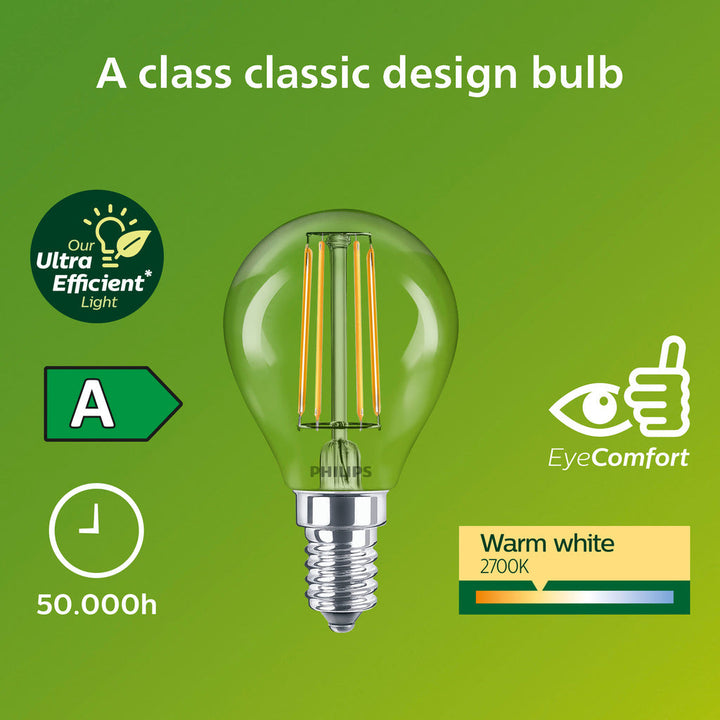 LED E14 Klot P45 2,3W (40W) Klar 485lm 2700K Energiklass A Philips