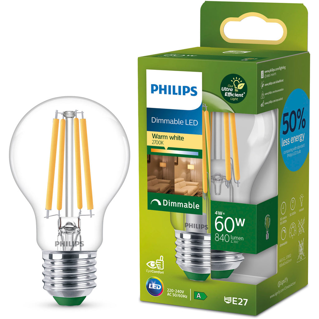 LED E27 Normal A60 4W (60W) Klar 840lm Dimbar 2700K Energiklass A Philips
