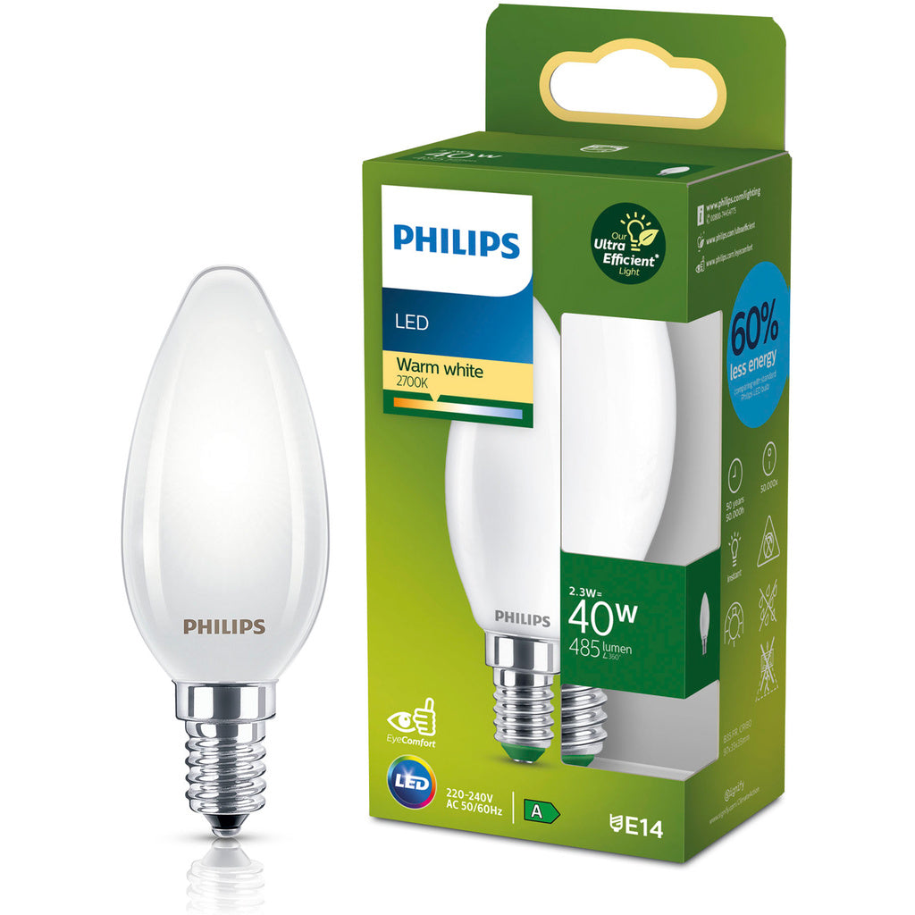 LED E14 Kron B35 2,3W (40W) Frostad 485lm 2700K Energiklass A Philips