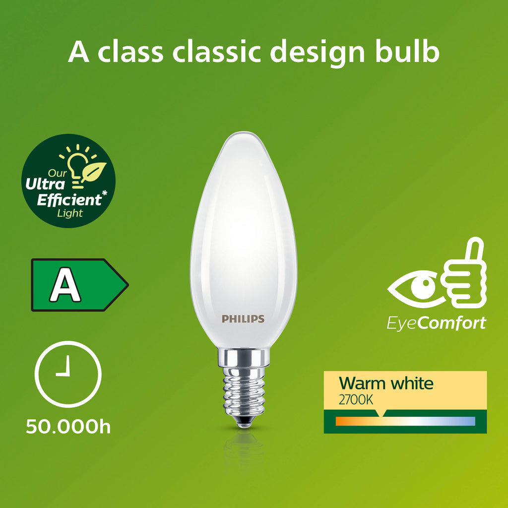 LED E14 Kron B35 2,3W (40W) Frostad 485lm 2700K Energiklass A Philips