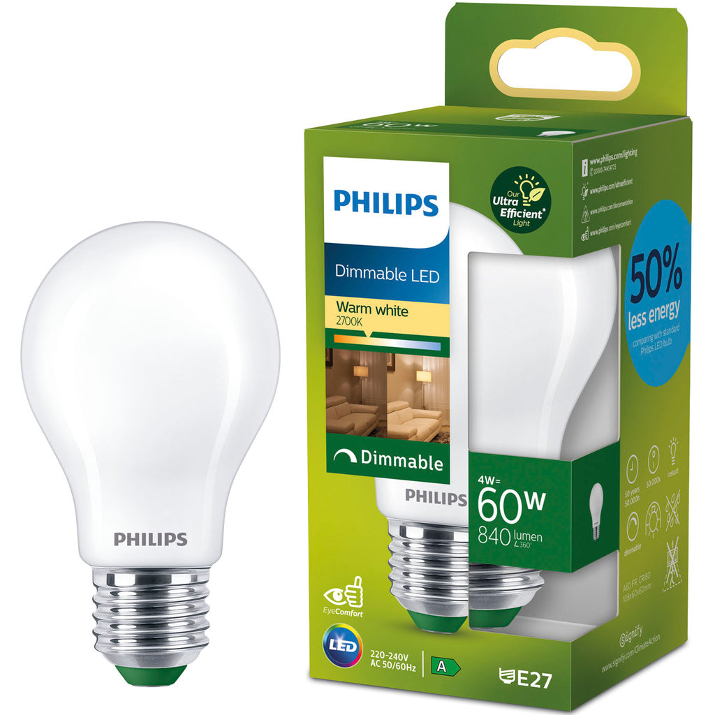 LED E27 Normal A60 4W (60W) Frostad 840lm Dimbar 2700K Energiklass A Philips