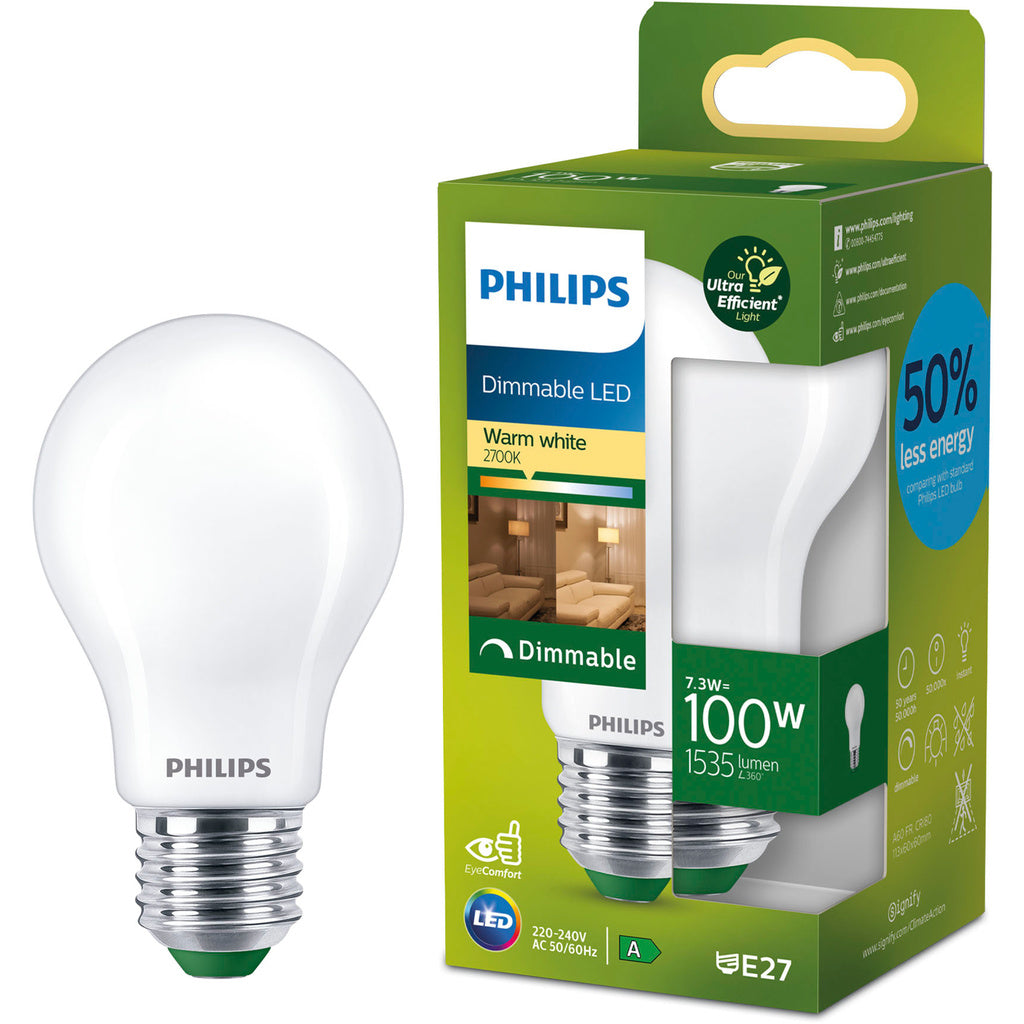 LED E27 Normal A60 7,3W (100W) Frostad 1535lm Dimbar 2700K Energiklass A Philips