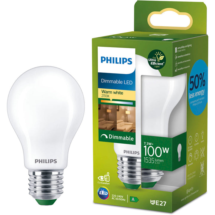 LED E27 Normal A60 7,3W (100W) Frostad 1535lm Dimbar 2700K Energiklass A Philips