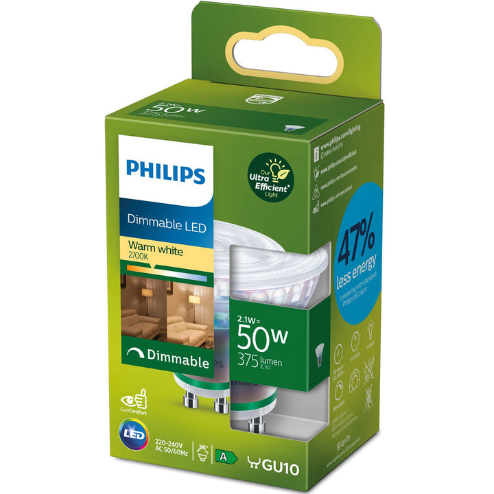 LED GU10 2,1W (50W) 375lm Dimbar 2700K Energiklass A Philips