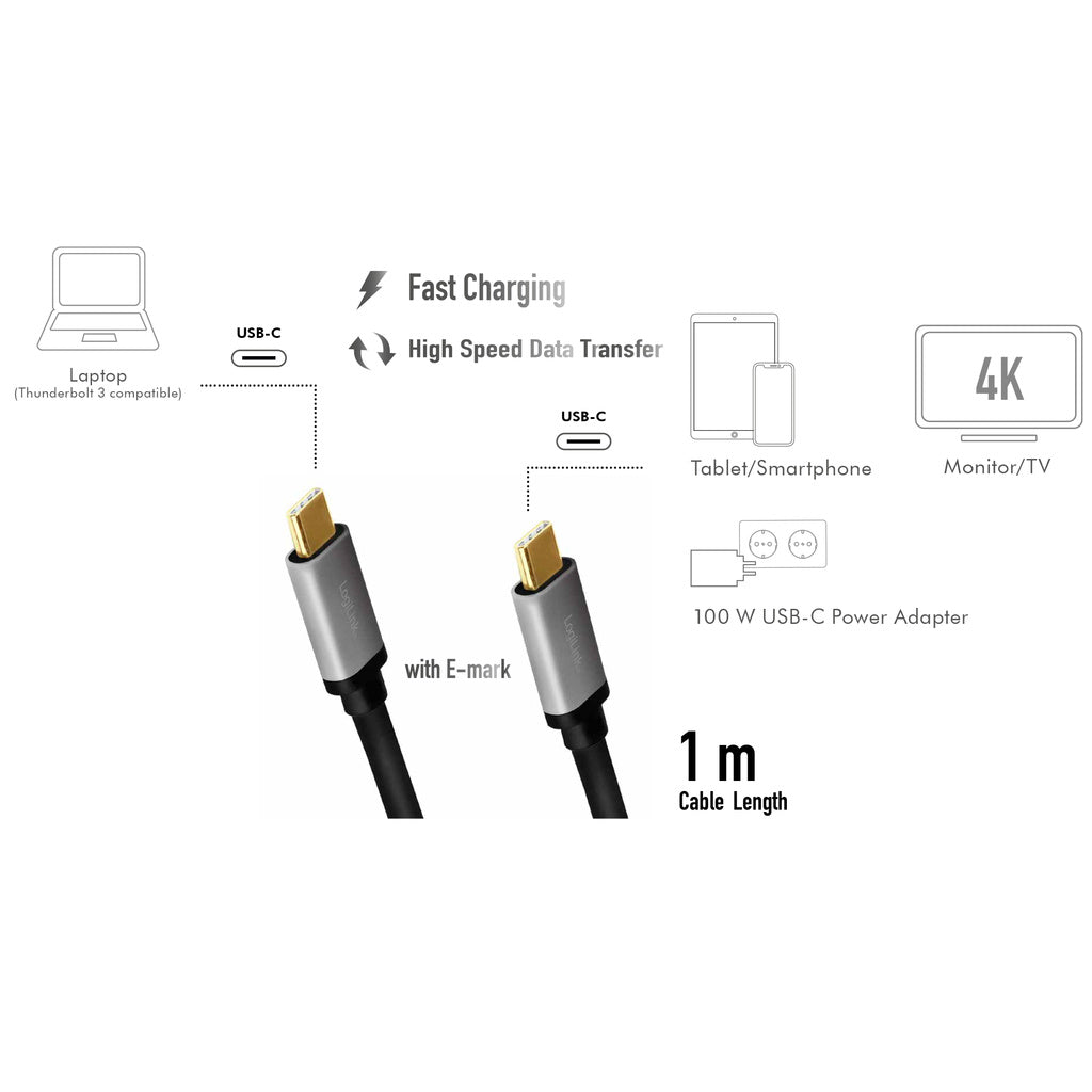 USB-C-kabel USB 3.2 Gen2 PD 3.0 100W 10Gbps 4K/60Hz Alu 1m LogiLink