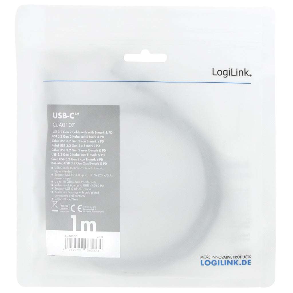 USB-C-kabel USB 3.2 Gen2 PD 3.0 100W 10Gbps 4K/60Hz Alu 1m LogiLink