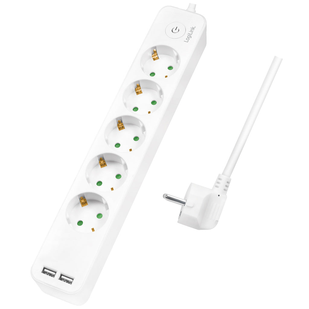 Grenuttag 5-vägs + 2st USB m brytare 1,5m Vit LogiLink