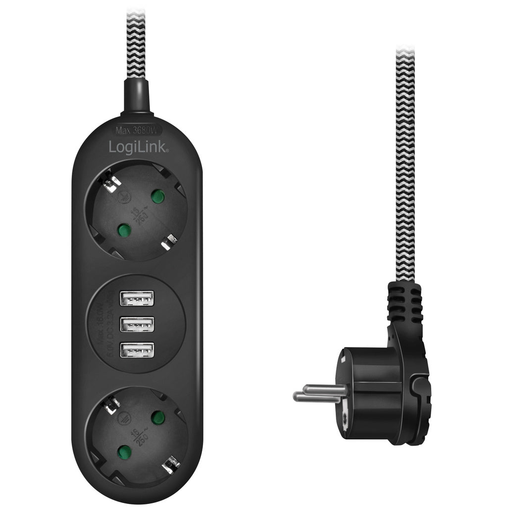 Grenuttag Jordat 2-vägs 3xUSB Flat plugg LogiLink